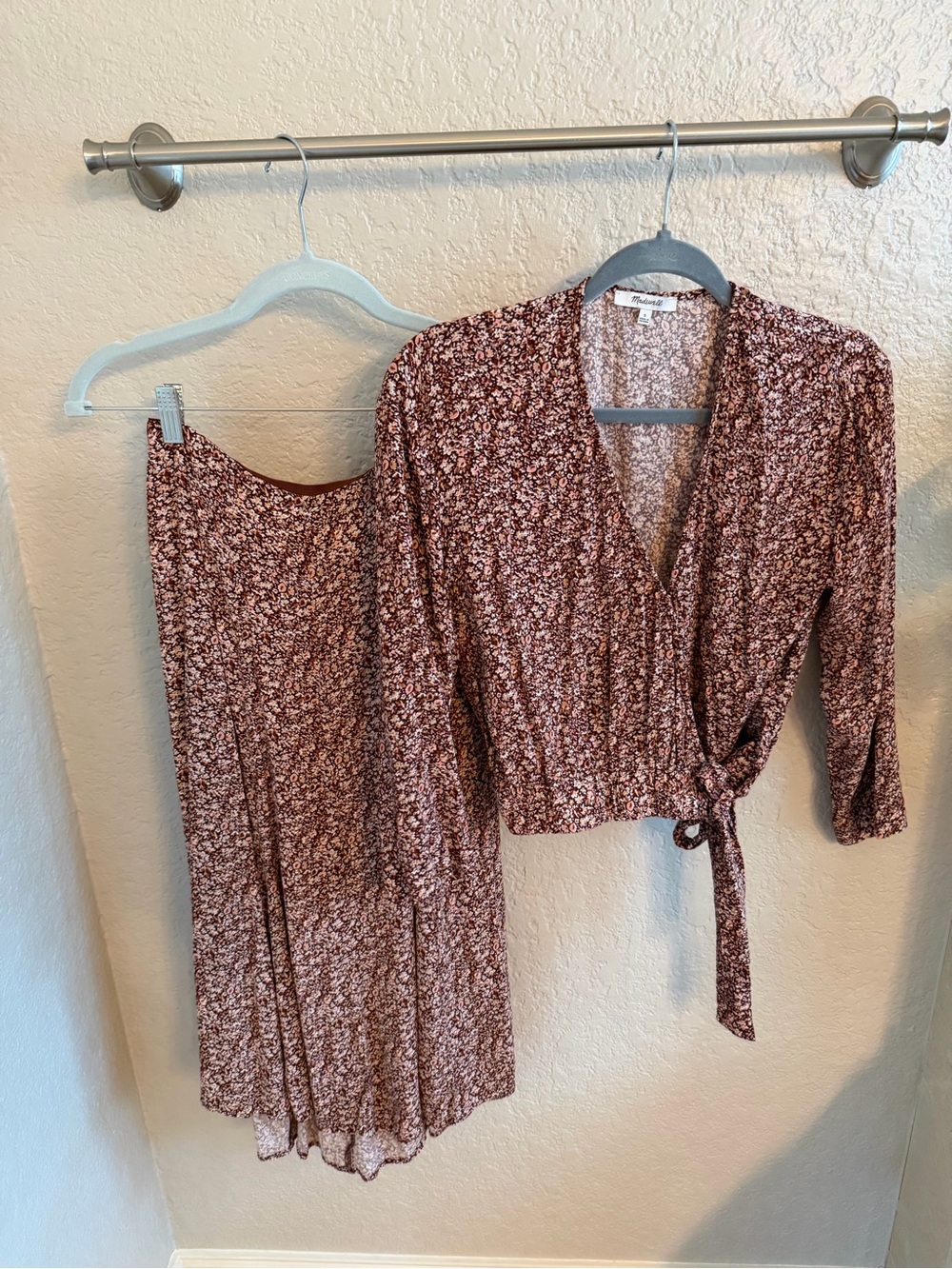 Madewell Brown Floral Wrap Top & Midi Skirt Set